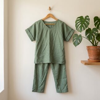 Ensemble 2 pièces kaki haut col V à nouer et pantalon – Taille S – Neuf sans étiquette
