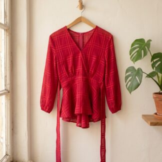 Combishort bordeaux en voile à carreaux manches bouffantes ceinturée – Taille S – Neuf