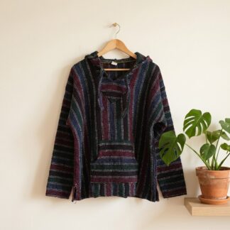Sweat à capuche Baja mexicain rayé noir bordeaux bleu unisexe – Taille L – Neuf