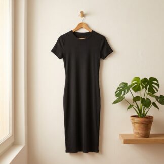 Robe moulante midi noire manches courtes col rond – Taille M – Neuve sans étiquette