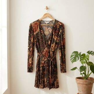 Robe portefeuille Apricot imprimé cachemire kaki et terracotta – Taille S – Neuf avec étiquette