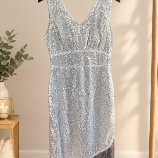 Robe à sequins argent avec franges, col V sans manches, taille M