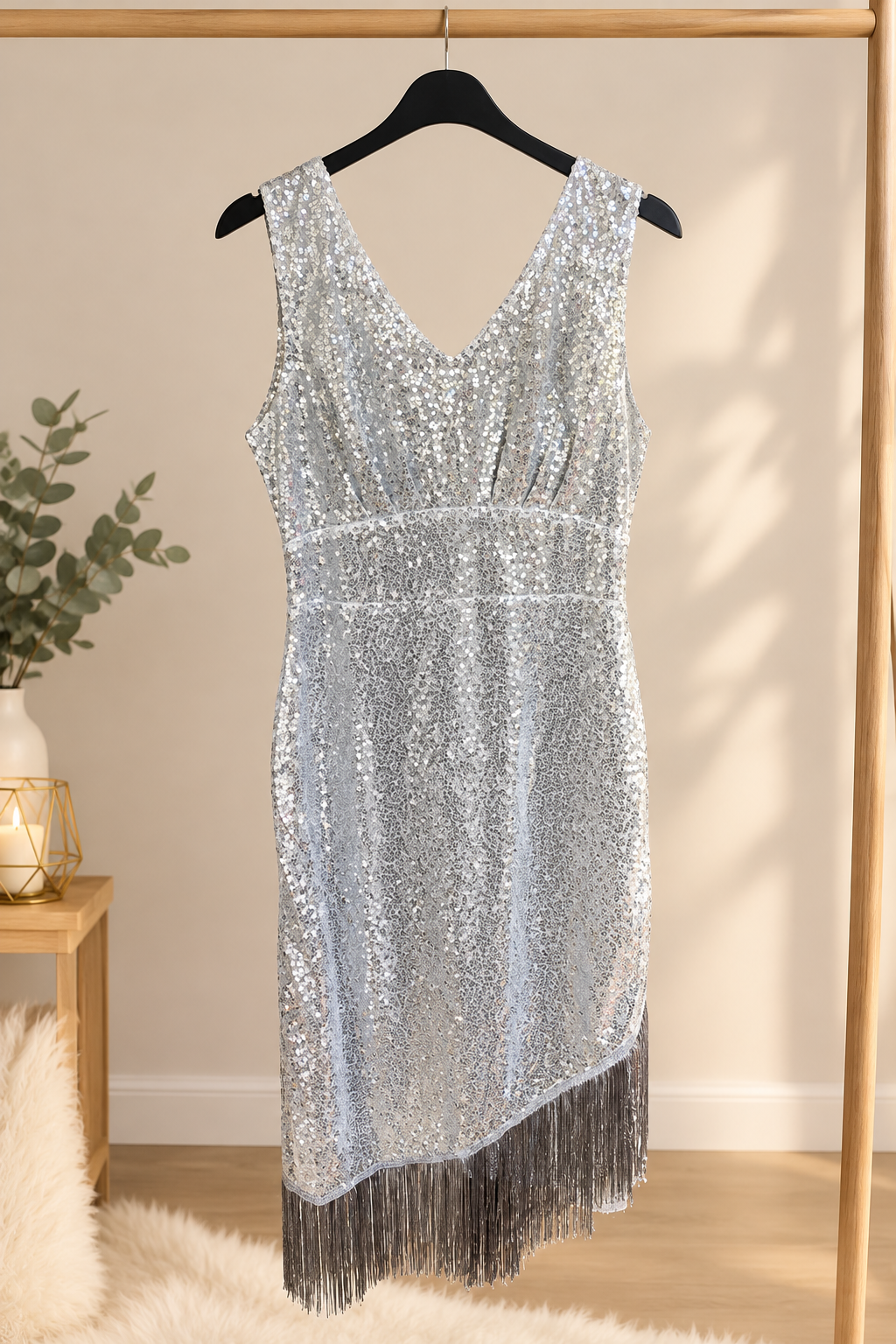Robe à sequins argent franges col V sans manches – Taille M – Neuve sans étiquette Robe à sequins argent avec franges, col V sans manches, taille M